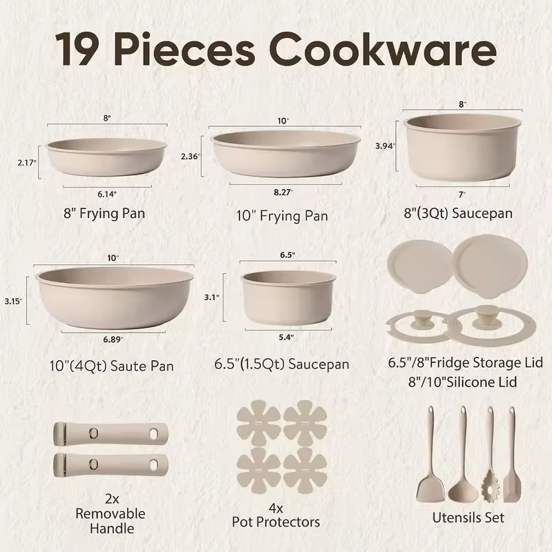19pcs Pots and Pans Set Non Stick. Nonstick Cookware Set Detachable Handle. Induction Kitchen Cooking Sets with Removable Handle