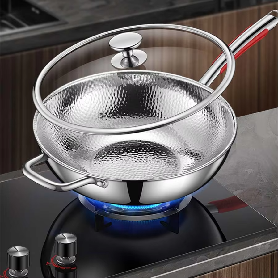 30cm Pure Titanium Round Bottom Wok Uncoated Non-stick Pan Can Be Used in Concave Induction Cooker. Household Stir-frying
